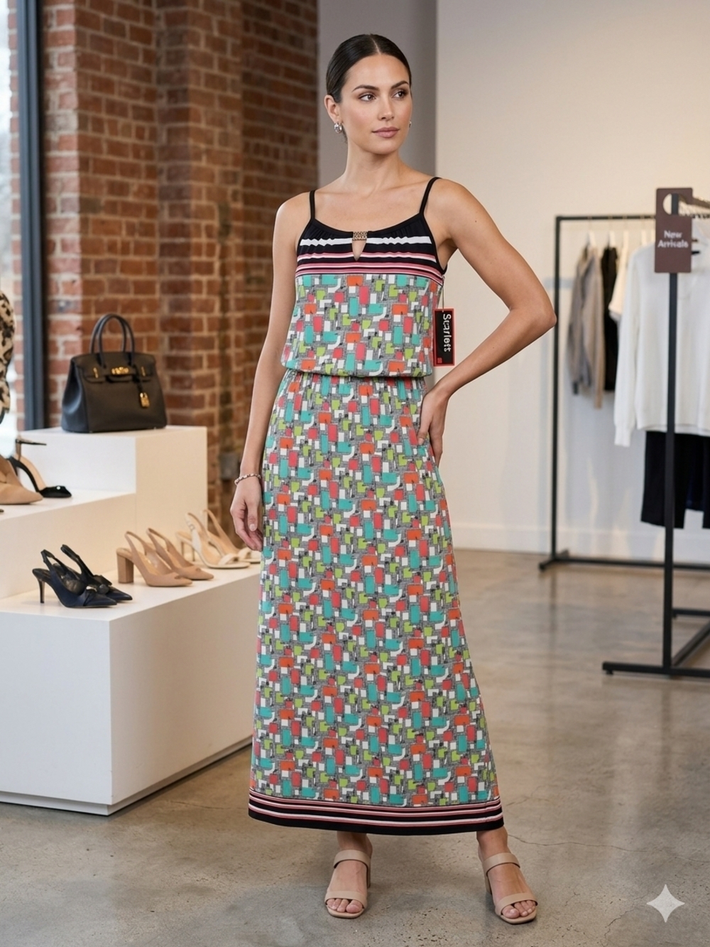 Scarlett Multicolor Geometric Maxi Dress with Black Trim